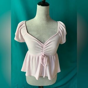 Altar'd State Women’s Light Pink Ribbed Knit Tied-Front Blouse, Size Medium